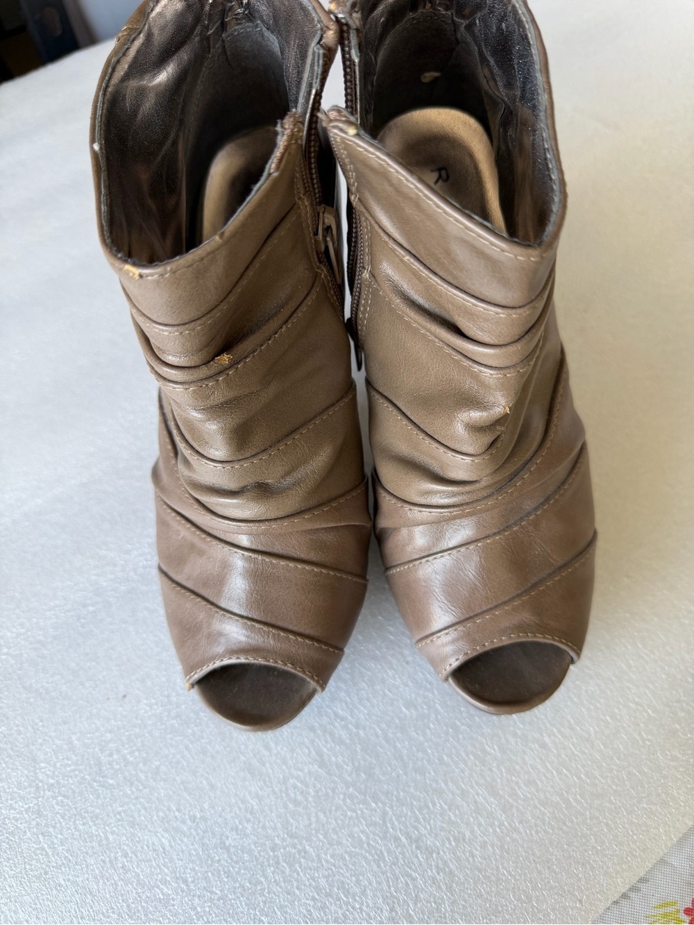 Rampage Brown Peep-Toe Ruched Leather Ankle Booties
